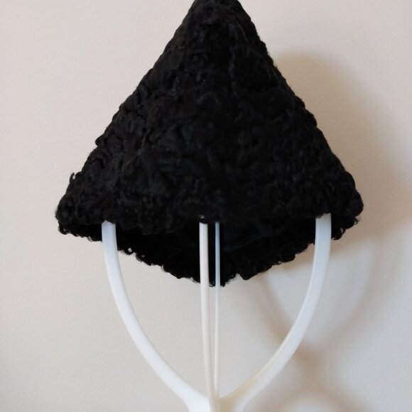 Vintage Curly Lamb Fur Hat Black Winter Garrison Cap XS - Picture 2 of 14